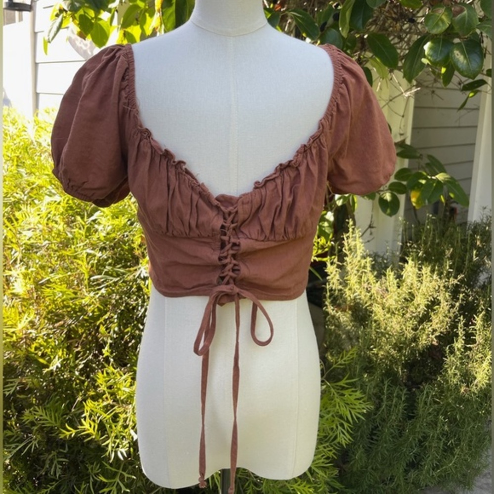 La Hearts Rust Brown Lace-Up Crop Top
